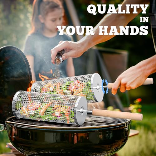 ivtivfu Rolling Grill Basket, Removable Wooden Handle, 304 Stainless Steel, Nesting BBQ Tools, Smoker Grilling Accessories...
