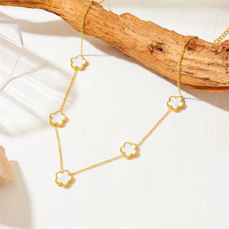 Lucky Clover Neckalce Earring Bracelet Set For Women Gold Plated Stainless Steel Chain Necklace with Flower Design Five Le...