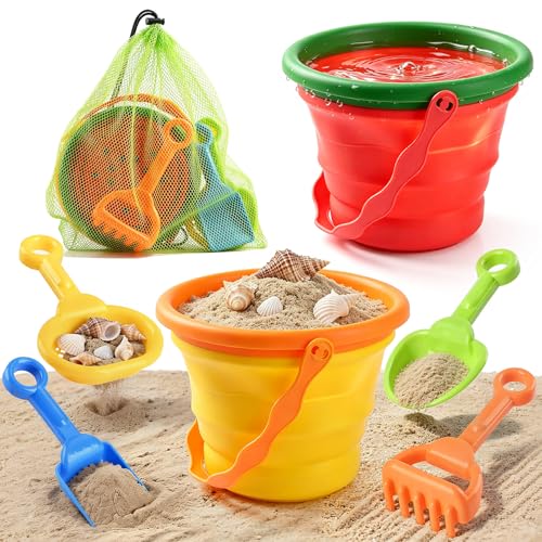 Collapsible Beach Toys for Kids,2 Packs Foldable Silicone Sand Buckets Set with 4 Packs Sand shovels and Mesh Bag,Travel B...
