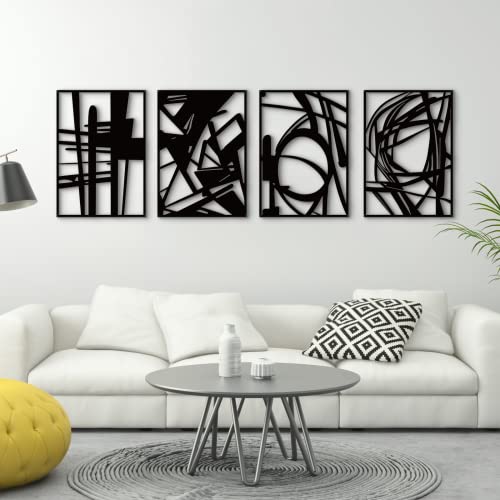 Glamativity 4 Pack Black Abstract Metal Wall Art, Minimalist Décor Single Line Art Wall Décor, 3D Textured Metal Wall Scul...