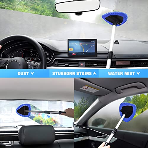 Windshield Cleaning Tool, Car Window Cleaner with Extendable Long Handle and 4 Washable Reusable Microfiber Pads, Auto Int...