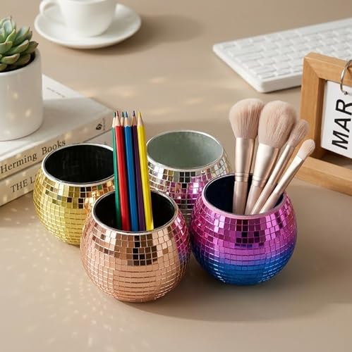 KAKUKAKU Disco Ball Makeup Brush Holder & Pen Cup - Fun Desk Accessories for Office, Cute Aesthetic Room Decor, Unique Gif...