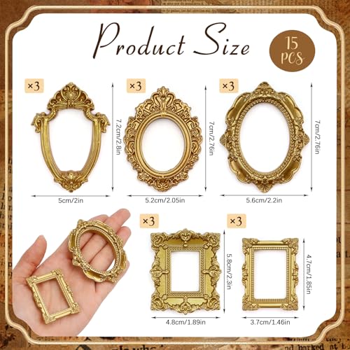 VICROIC 15 PCS Mini Vintage Frames, Tiny Resin Antique Frames, Small Gold picture photo frame for DIY Wall Hanging Jewelry...