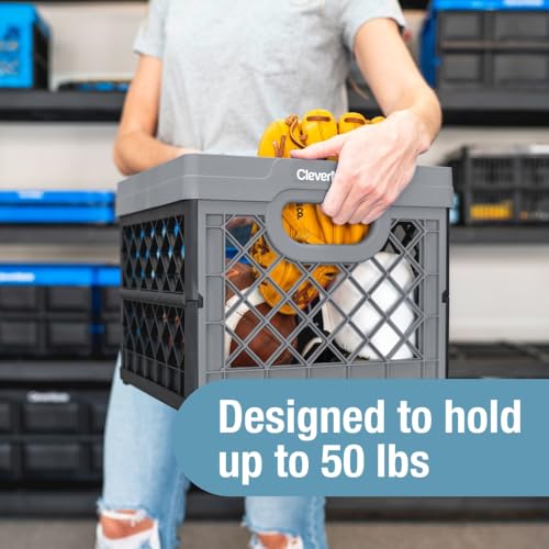 CleverMade Collapsible Milk Crate 25L (6.6 Gal), 50 lb Capacity Heavy Duty Folding Crate – Stackable Storage Crates with F...
