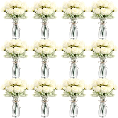 Zeyune 36 Pack Artificial Flowers Centerpiece with Vase Bulk for Wedding Table 24 Bundles Silk Floral Faux Rose Bouquet wi...
