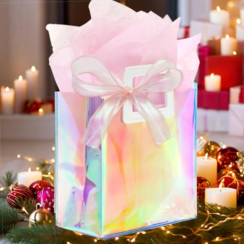 KeerxunBag 1 Pack Holographic Gift Bags with Handles & 2 Tissue Paper Sheets – Iridescent Transparent Reusable Bags for Wo...