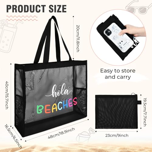 KUIRAN 30L Large Beach Bag with Pouch Foldable Sandproof Lightweight Mesh Tote Bag with Two Pockets for Swimming Travel