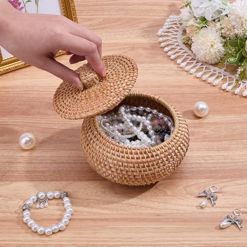 WADORN Round Rattan Storage Box with Lid, Handmade Woven Storage Basket Natural Multi-Purpose Wicker Rattan Basket Small D...