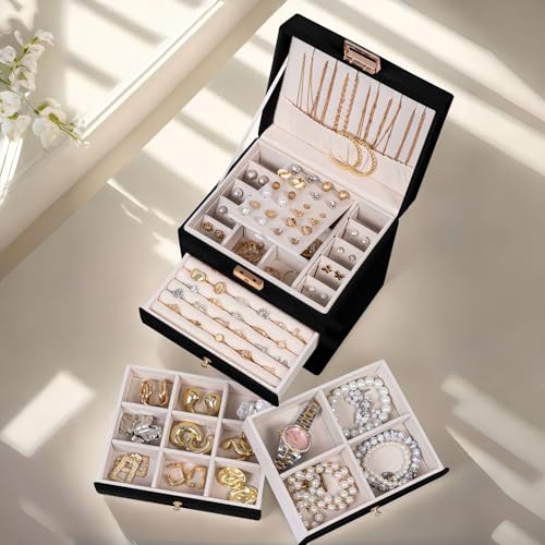 Vandozis Leather Jewelry Box with Lock for Women, 4-Tier 3-Drawer Jewelry Organizer, Large Capacity Vanity Storage Case fo...