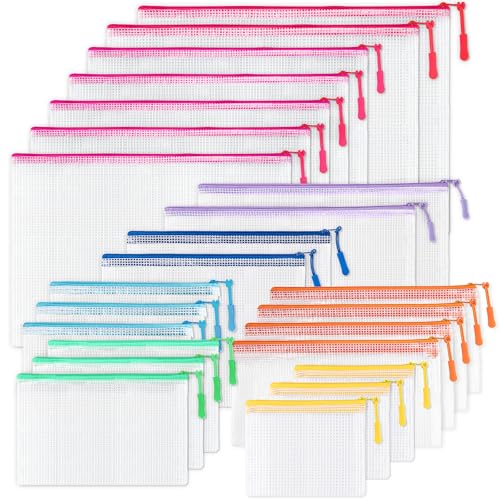 24 Pcs Mesh Zipper Pouch Bags, Plastic Zipper Pouches for Classroom in 8 Sizes, Waterproof Mesh Zipper Bags for Organizin...