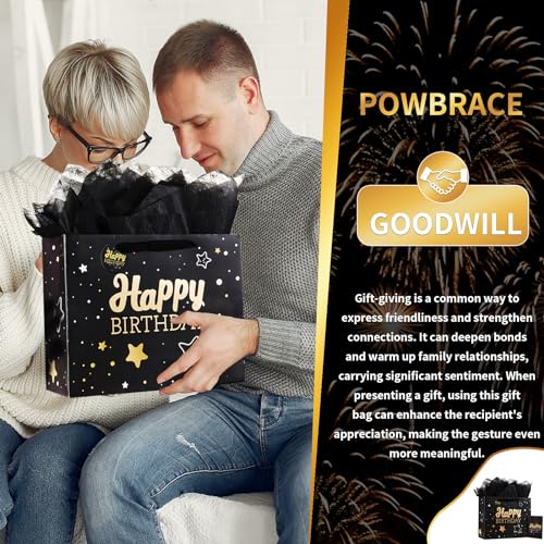 Powbrace Black Birthday Gift Bag with Tissue Paper and Greeting Card, 13'x10.2'x4.9', Medium (1-Piece Set, Black Starry Sk...