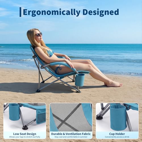 Garvee Low Beach Chair 2 Pack, Folding Portable Beach Chairs for Adults, Lightweight Extra Wide Seat Chair with Cup Holde...