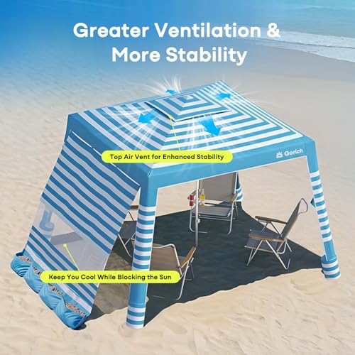 Gorich Beach Cabana with UPF50+ UV Protection, 8x8 FT/10x10 FT Beach Canopy Tent with Side Wall, Easy Setup, Windproof Por...