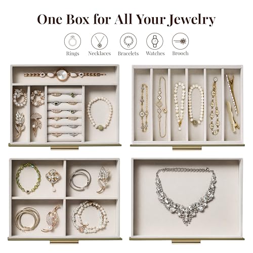 Jewelry Box Organizer Case for Women: 4-Layer Jewelry Storage Case with Glass Window, Olive Green Leather with Cream Velve...