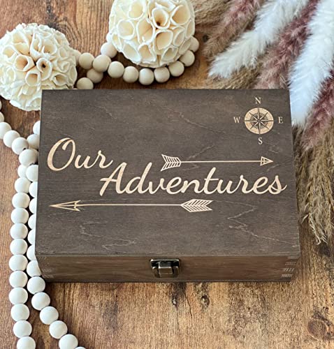 Dark Walnut Wooden Keepsake Box Our Adventures - 8.5x6x3in, Ideal for 5th Anniversary, Elegant Memory Box for Couples, Tra...