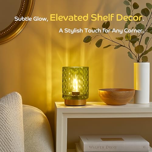 LUSHARBOR Battery Operated Table Lamp, Small Lamp Bedside Decor Ambient, Cordless Glass Table Lamp Battery Powered for Boo...