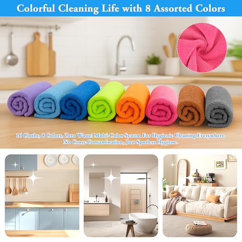 lucdnc Microfiber Cleaning Cloths 16 Pack 8 Color Cleaning Rags for Housekeeping Home Kitchen Bathroom Car,11.5"X11.5" Sof...