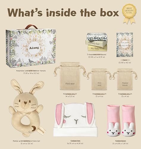 Aeang Baby Shower Gifts for Mom, Newborn Baby Gift Set for Baby Girl Baby Boy - Keepsake Box with Baby Hat, Rattle Socks, ...