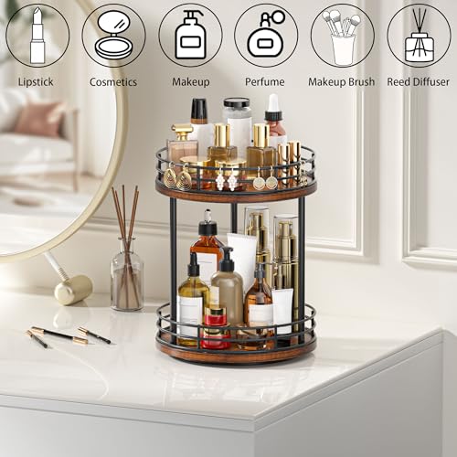 Bathroom Organizer Countertop,2 Tier Rotating Makeup Organizer Countertop for Vanity,Wooden Bathroom Counter Storage Shel...