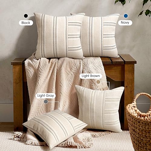AELS 18x18 Decorative Farmhouse Linen Throw Pillow Covers, Boho Textured Pillow Case, Set of 2, Beige with White & Brown S...