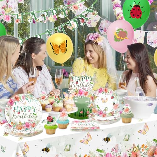 Floral Birthday Party Decorations for Women, Butterfly Party Supplies Includes Flower Plates and Napkins Happy Birthday Ba...
