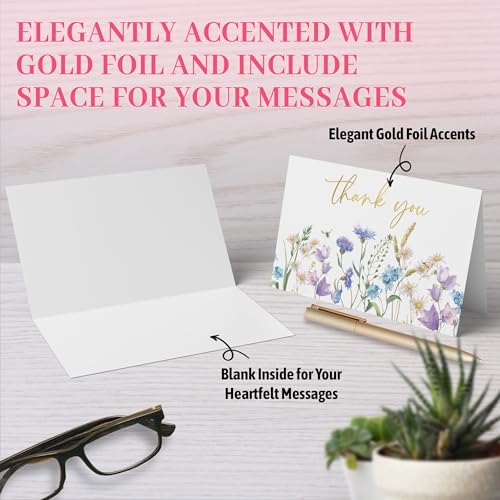 Decorably 50 Pack Gold Foiled 6x4in Wildflower Thank You Cards Wedding with Envelopes and Stickers, 10 Folded Watercolor F...
