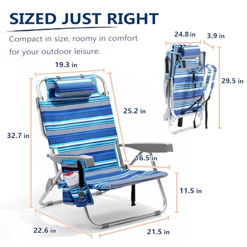 PASAMIC Backpack Beach Chairs for Adults 2 Pack Portable, Lay Flat Reclining Beach Chairs with 5 Positions, Tall Heavy Dut...