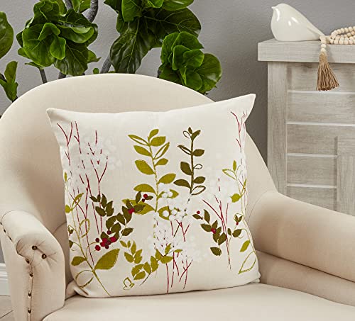 SARO LIFESTYLE Noël Jardin Collection Holiday Botanical Design Throw Pillow with Poly Filling, 20", Natural