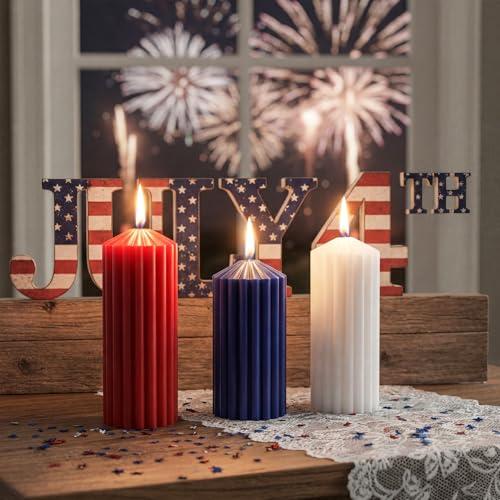 MTLEE Set of 3 Red White Blue Ribbed Pillar Candles 4th of July Ribbed Candles Set 5.91'' 6.89'' 7.87'' Wax Unscented Pill...