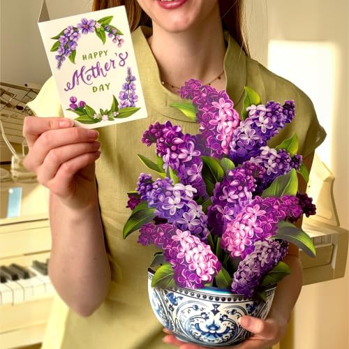 Freshcut Paper Mother's Day Garden Lilacs Pop Up Cards, 12 Inch Life Sized Forever Flower Bouquet 3D Popup Greeting Card, ...