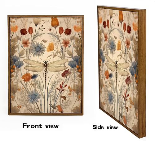 Framed Vintage Dragonfly Canvas Wall Art Whimsical Botanical Floral Picture Elegant Mid Century Natural Poster Prints Ecle...