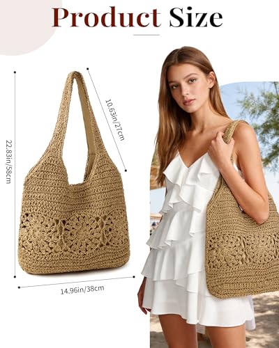 Beach Bag, Straw Beach Bags for Women, Floral Designed Beach Tote Lightweight Foldable Straw Bag