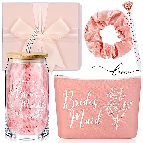 Umigy Bridesmaid Glass Cup Gift Box Set of 5 Include Glass Cup with Lid Makeup Bag Scrunchies Hair Ties Diamond Ballpoint ...
