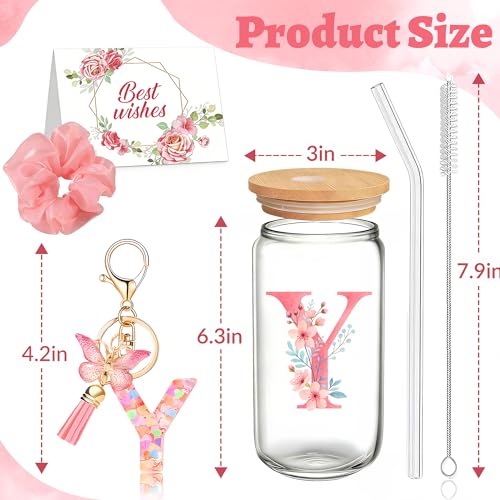 YSDZDM Personalized Initial Gifts Set For Women Customized Monogrammed Glass Cups with Bamboo Lids and Straws Cute Floral ...
