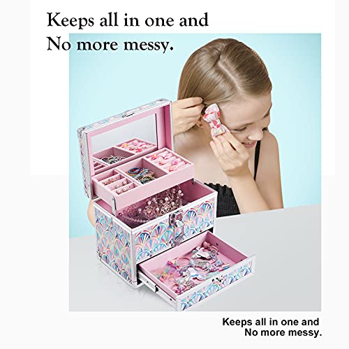 Hododou Girls Jewelry Box Organizer with Drawer & Mirror, Mermaid Tail Style Lockable Storage Case for Kid or Little Girls...