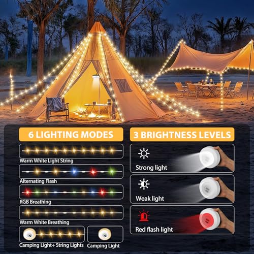 Camping String Lights, 4 in 1 Quick Storage 32.8FT Rechargeable Tent Lights with 9 Lighting Modes, Hanging Waterproof Port...