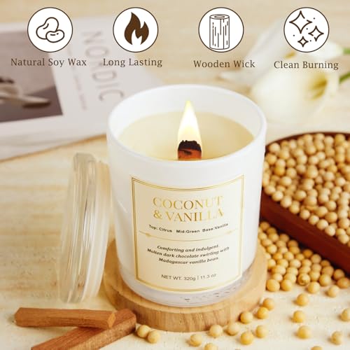 2 Pack Wood Wick Coconut & Vanilla Candle Gift Set – Long Lasting Soy Wax Candles with Gift Boxes, Holiday Aromatherapy Ca...