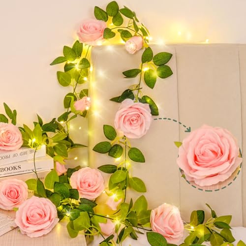 2 Pcs Flower Garland with 19.6 Ft Lights, 13.2 Ft Pink Floral Garland Fake Flowers for Wedding Arch Party Wall Garden Room...