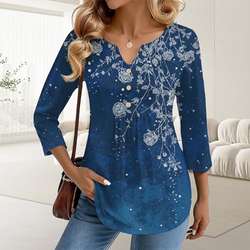 YABTF Womens Boho Floral Tunic Tops V Neck Button 3/4 Sleeve T Shirts for Women Casual Drssy Spring Summer Graphic Blouses