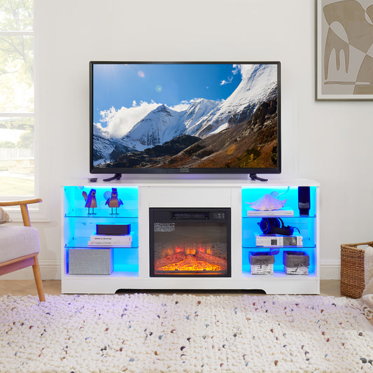 TV Stand Electric Fireplace TV Stand With Glass Shelves, 3D Fireplace TV Stand With LED Lights Wood With USB Charging Outlet Modern Television Table Center For TV Up To 32-62 White 58 W 15.4Dx24.4