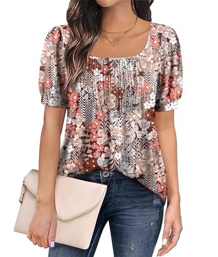 Zwurew Women's Summer Casual Puff Short Sleeve T-Shirts Square Neck Pleated Flowy Trendy Tunic Tops for Leggings S-2XL