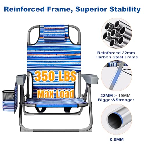 DIAMONDFORGE Lightweight Portable Beach Chair for Adults, 350 LBS Capacity Backpack Beach Chair, Reclining Beach Chair wit...