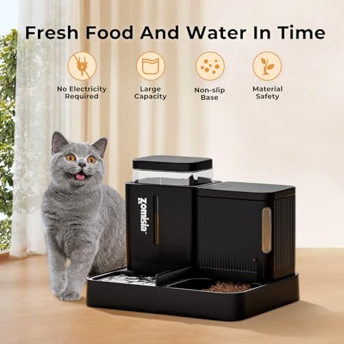 ZOMISIA Automatic Cat Feeder and Water Dispenser Set, 2 in 1 Gravity Cat Food Dispenser with 180 Degree Rotatable, Pet Sel...