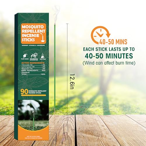 90 pcs Citronella Mosquito Repellent Incense Sticks, Deet Free Mosquito Repellent Outdoor Patio, Natural Essential Oil Mos...