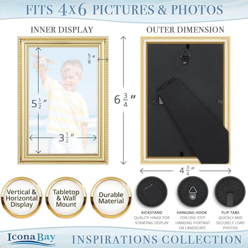 Icona Bay 4x6 Picture Frames (Gold, 6 Pack), Beautifully Detailed Molding, Contemporary Picture Frame Set, Wall Mount or T...