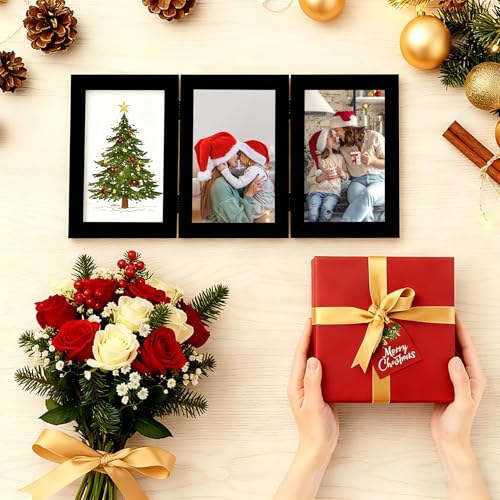 decorUhome Triple 4x6 Picture Frame Vertical, Engineered Wood Trifold Photo Frame with Plexiglass for Tabletop Display, 4x...
