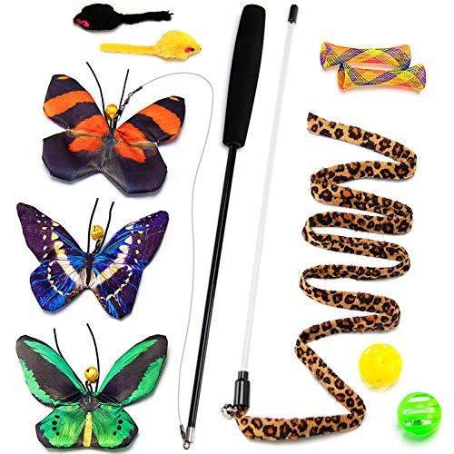 AWOOF Butterfly Cat Wand Cat Toys Set, Realistic Crinkle Catnip Butterflies Kitten Toys with Retractable Interactive Cat W...