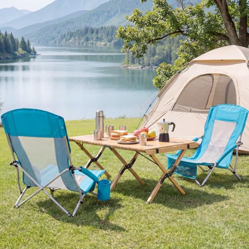 Giantex 2 Pack Folding Beach Chairs for Adults, Portable Lightweight Camping Chairs w/Padded Armrests, Cup Holders & Stora...