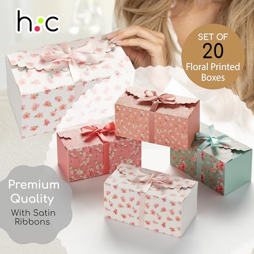 Floral Gift Boxes with Lids & Ribbons (20 Pack) 8” x 4” Cute Decorative Pastel Treat Boxes Empty for Small Presents, Cooki...