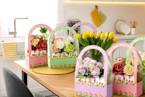 Ranfashiong 6 Pcs Mother's Day Flower Bouquet Paper Boxes Bulk with Long Handles for Florist Floral Gift Packaging for MOM...